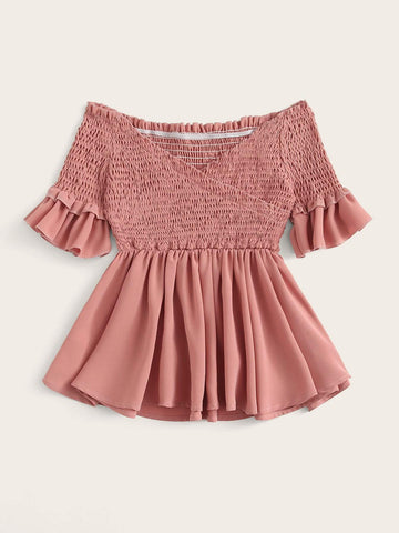 Crossover Shirred Off The Shoulder Blouse