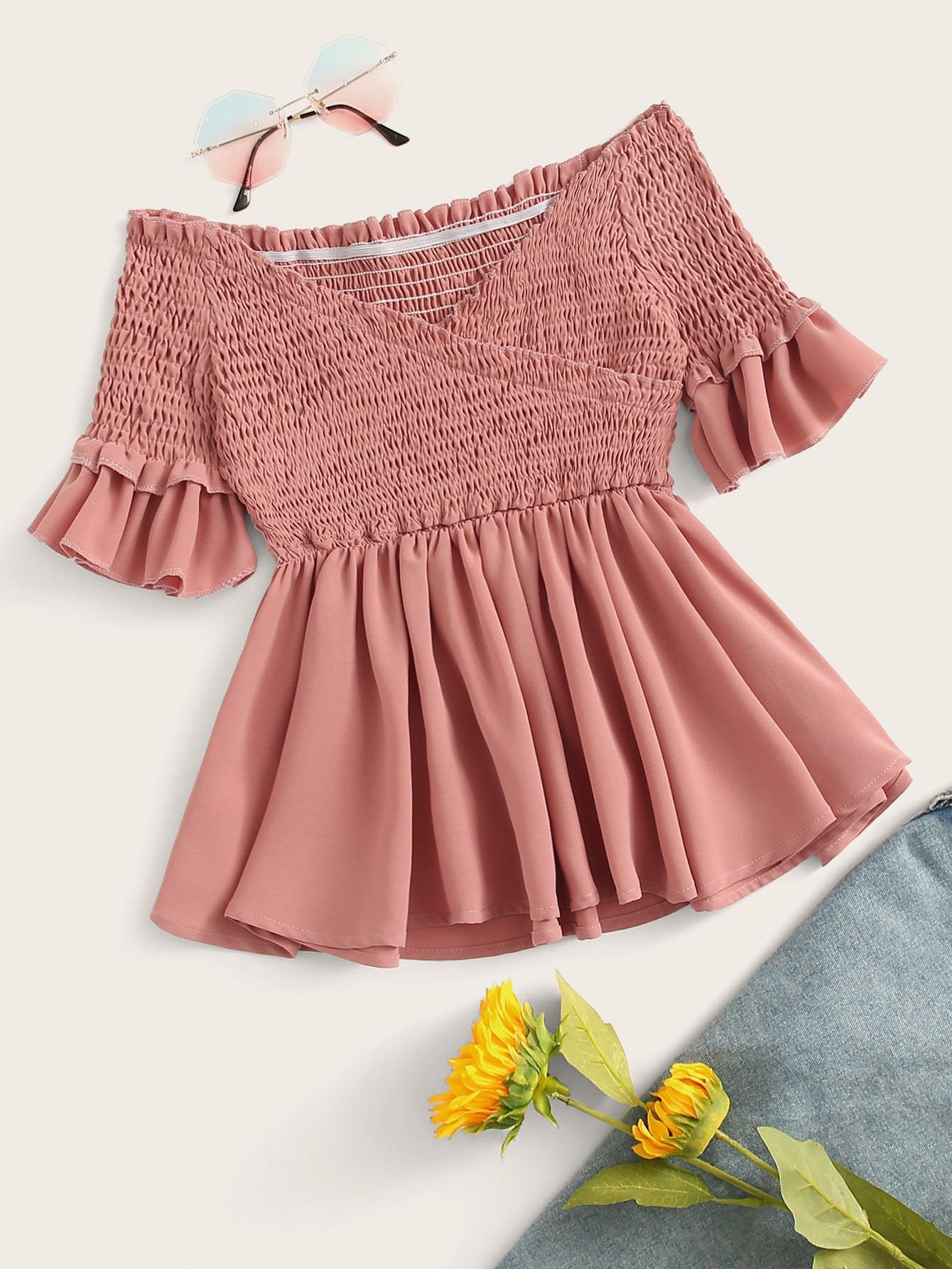 Crossover Shirred Off The Shoulder Blouse