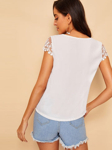 Contrast Lace Cuff Pearl Beaded Blouse