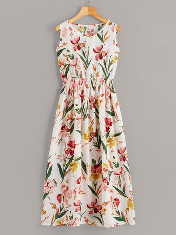 Shirred Waist Floral Midi Dress