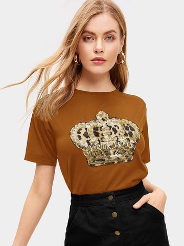 Contrast Sequin And Leopard Tee