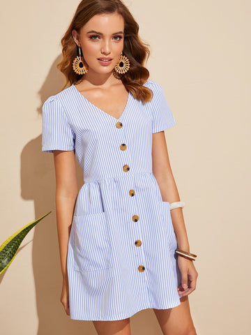 Vertical Striped Button Through Dress