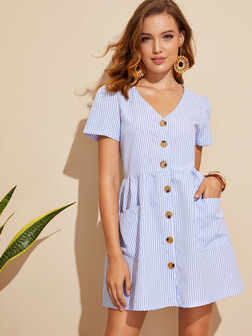 Vertical Striped Button Through Dress