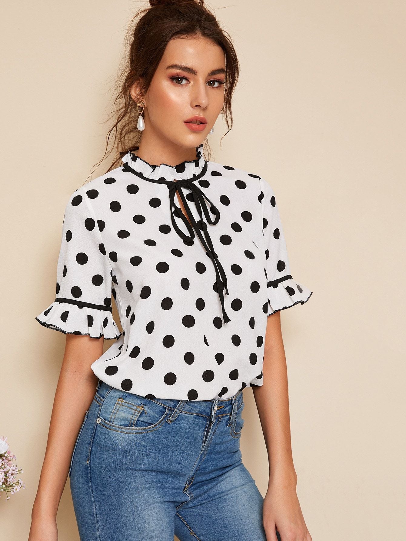 Polka Dot Tie Neck Blouse