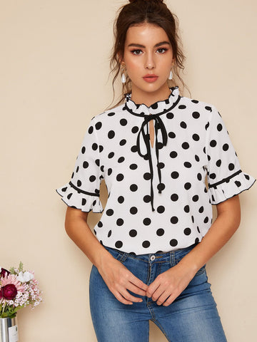 Polka Dot Tie Neck Blouse