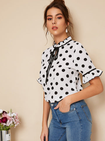 Polka Dot Tie Neck Blouse