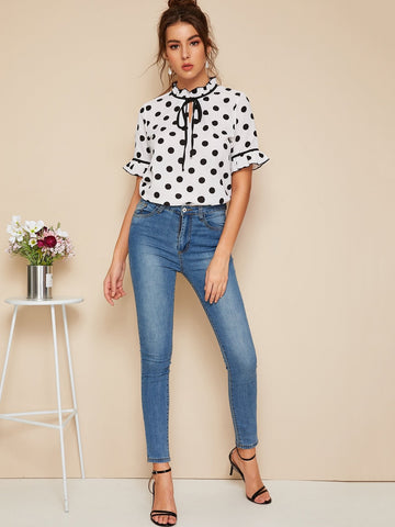 Polka Dot Tie Neck Blouse