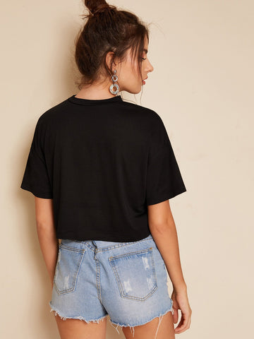Cartoon Sun Print Choker Neck Crop Tee