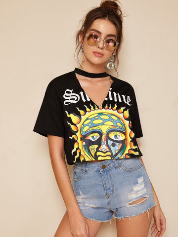 Cartoon Sun Print Choker Neck Crop Tee