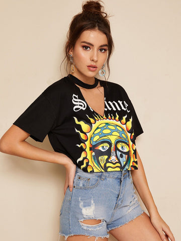 Cartoon Sun Print Choker Neck Crop Tee