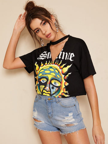 Cartoon Sun Print Choker Neck Crop Tee