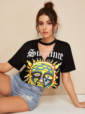 Cartoon Sun Print Choker Neck Crop Tee
