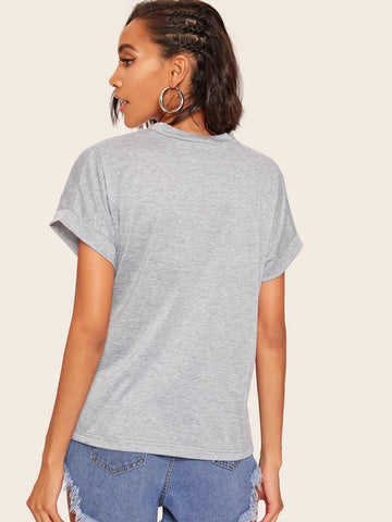 Eagle & Letter Print V-cut Choker Tee