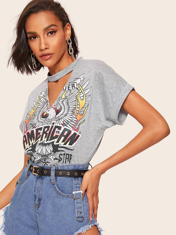 Eagle & Letter Print V-cut Choker Tee