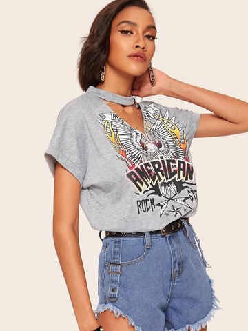 Eagle & Letter Print V-cut Choker Tee