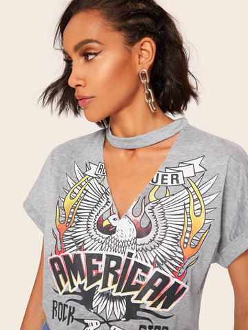 Eagle & Letter Print V-cut Choker Tee