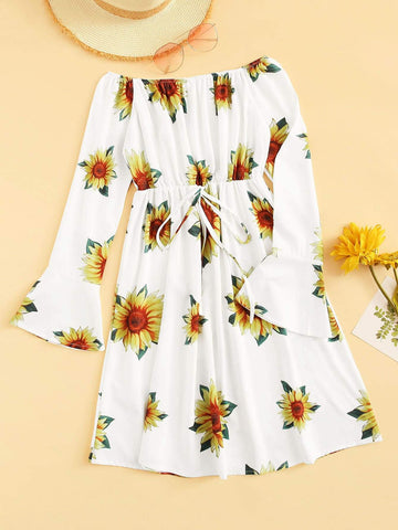 Ruffle Sleeve Drawstring Waist Floral Dress