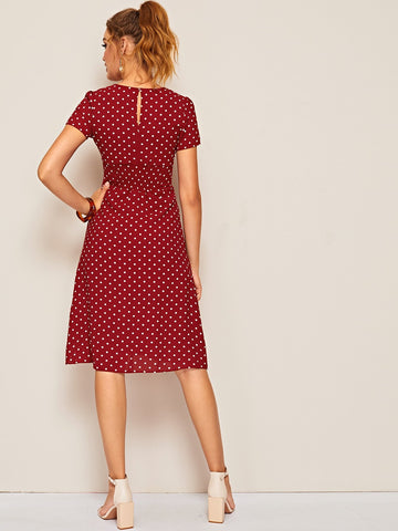 Polka Dot Button Front Shirred Waist Dress