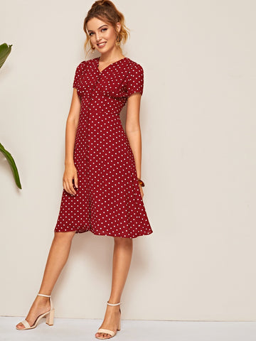 Polka Dot Button Front Shirred Waist Dress