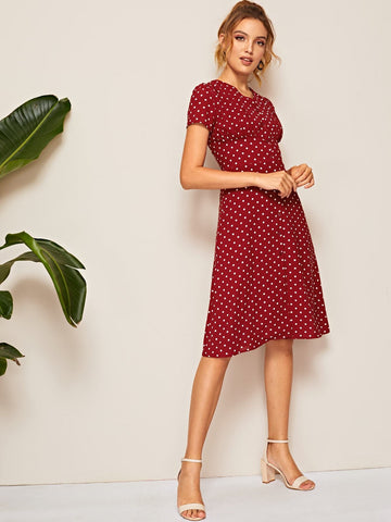 Polka Dot Button Front Shirred Waist Dress