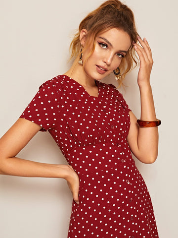 Polka Dot Button Front Shirred Waist Dress