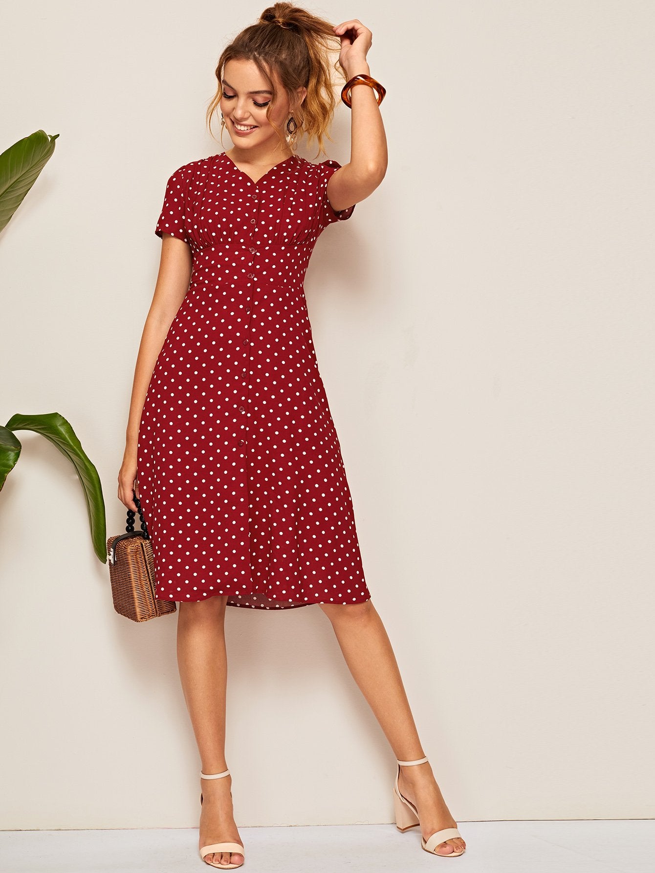 Polka Dot Button Front Shirred Waist Dress