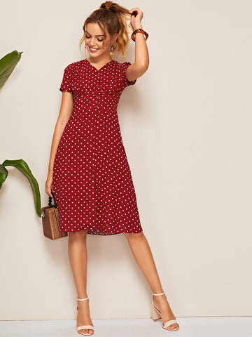 Polka Dot Button Front Shirred Waist Dress