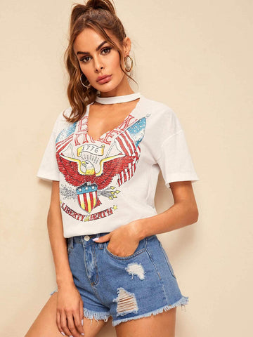 Eagle & Letter Print V-cut Choker Tee