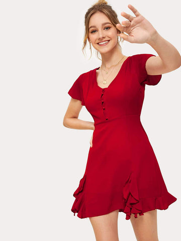 Split Ruffle Solid Dress