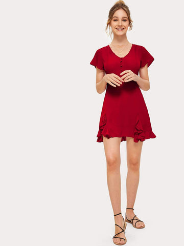 Split Ruffle Solid Dress