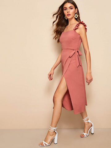 Ruffle Trim Knot Side Wrap Cami Dress