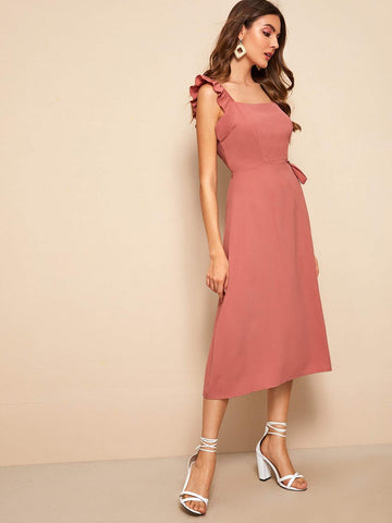 Ruffle Trim Knot Side Wrap Cami Dress