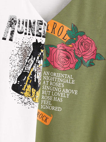 Two Tone Floral & Letter Graphic Tee