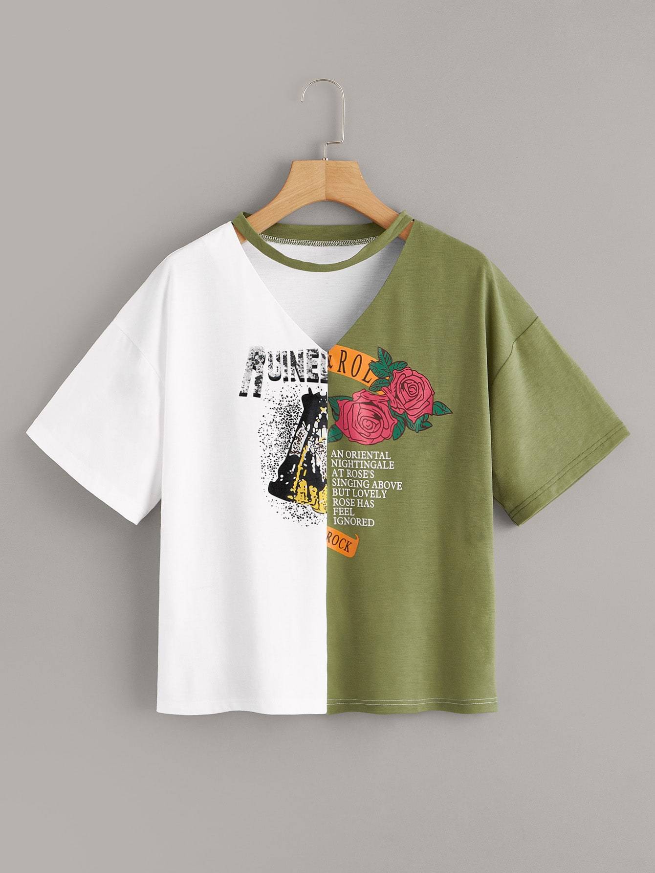 Two Tone Floral & Letter Graphic Tee