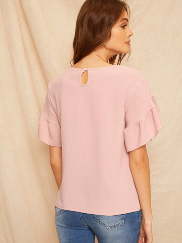Keyhole Back Petal Ruffle Sleeve Blouse