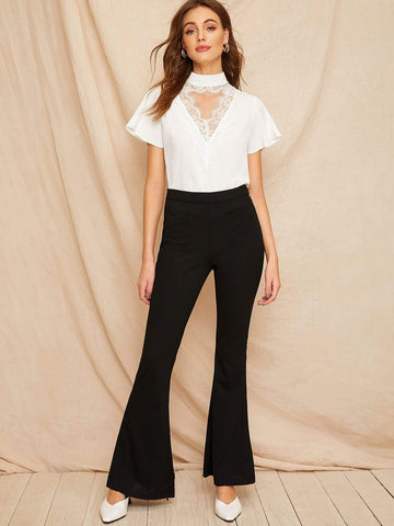 Lace Panel V-cut Neck Blouse