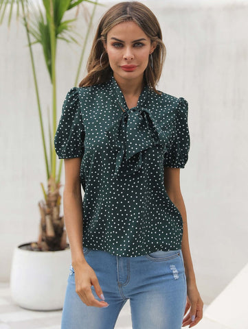 Polka Dot Tie Neck Blouse
