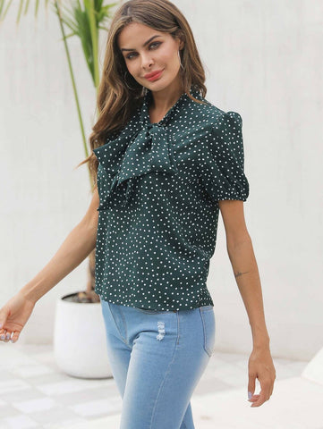 Polka Dot Tie Neck Blouse
