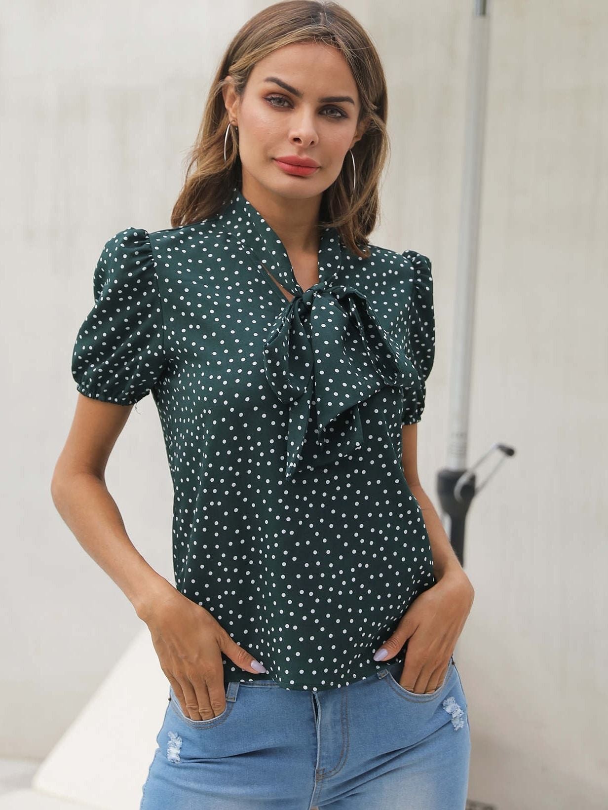 Polka Dot Tie Neck Blouse