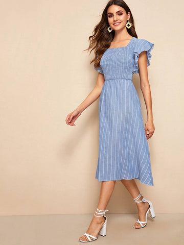 Striped Shirred Butterfly Sleeve Dress