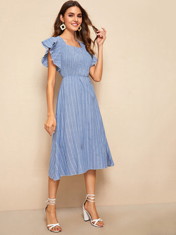 Striped Shirred Butterfly Sleeve Dress