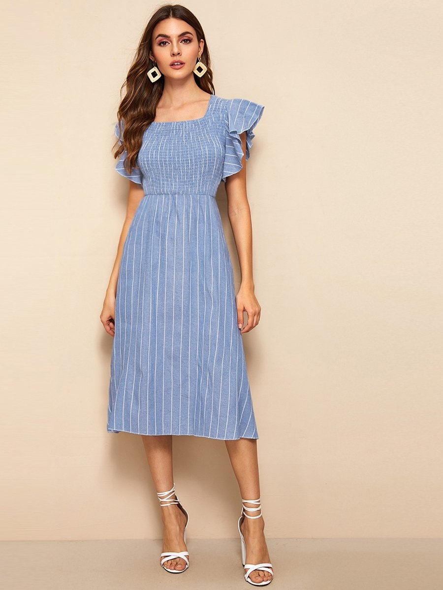 Striped Shirred Butterfly Sleeve Dress