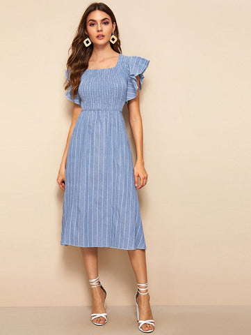 Striped Shirred Butterfly Sleeve Dress