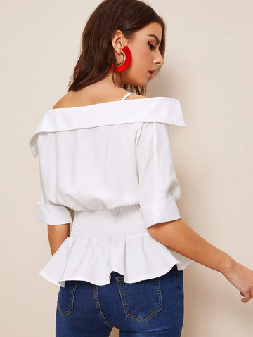 Shirred Waist Cuffed Sleeve Ruffle Hem Blouse