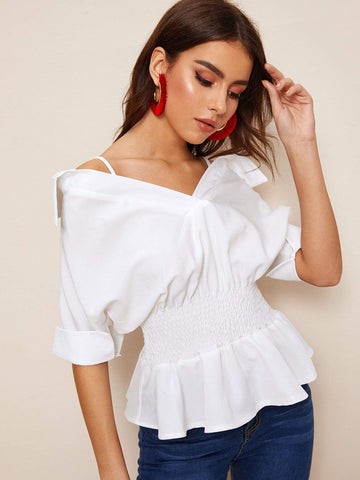 Shirred Waist Cuffed Sleeve Ruffle Hem Blouse