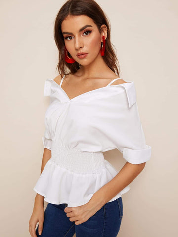 Shirred Waist Cuffed Sleeve Ruffle Hem Blouse
