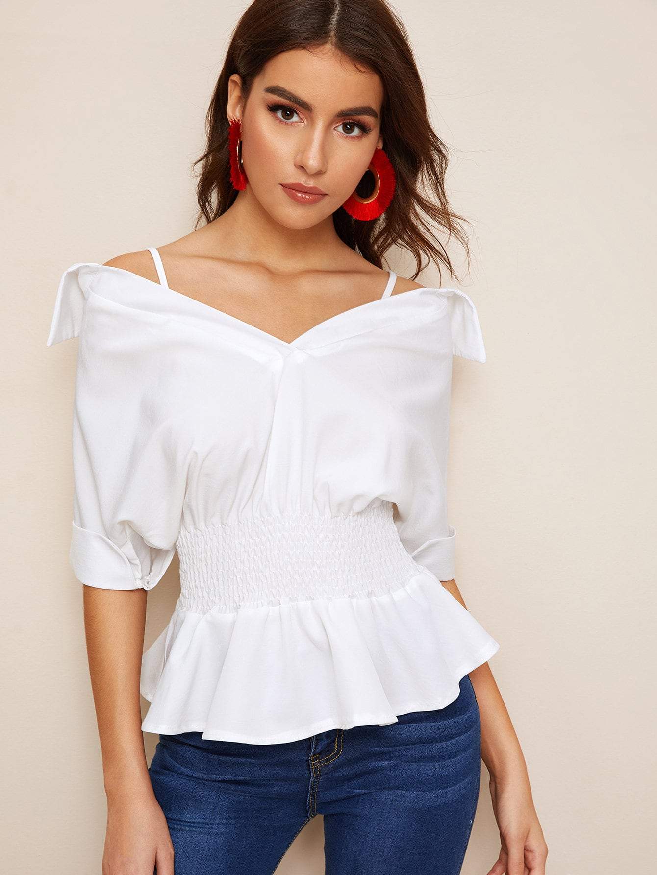 Shirred Waist Cuffed Sleeve Ruffle Hem Blouse