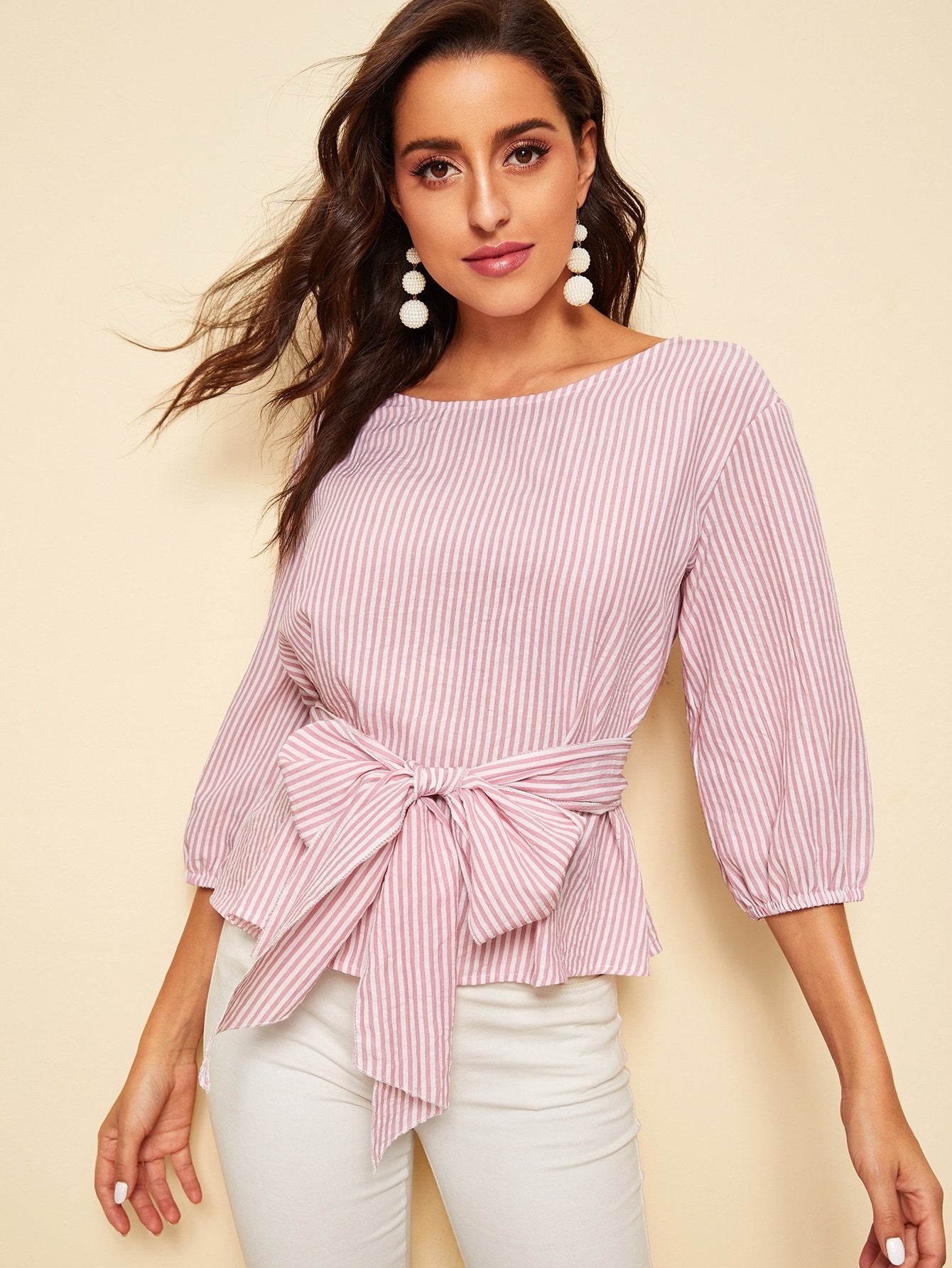 Striped Belted Bishop Sleeve Blouse