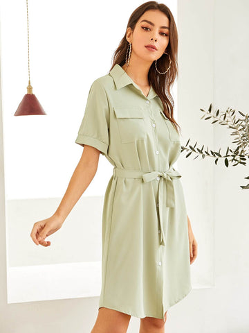 Single Button Self Tie Shirt Dress