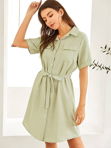 Single Button Self Tie Shirt Dress